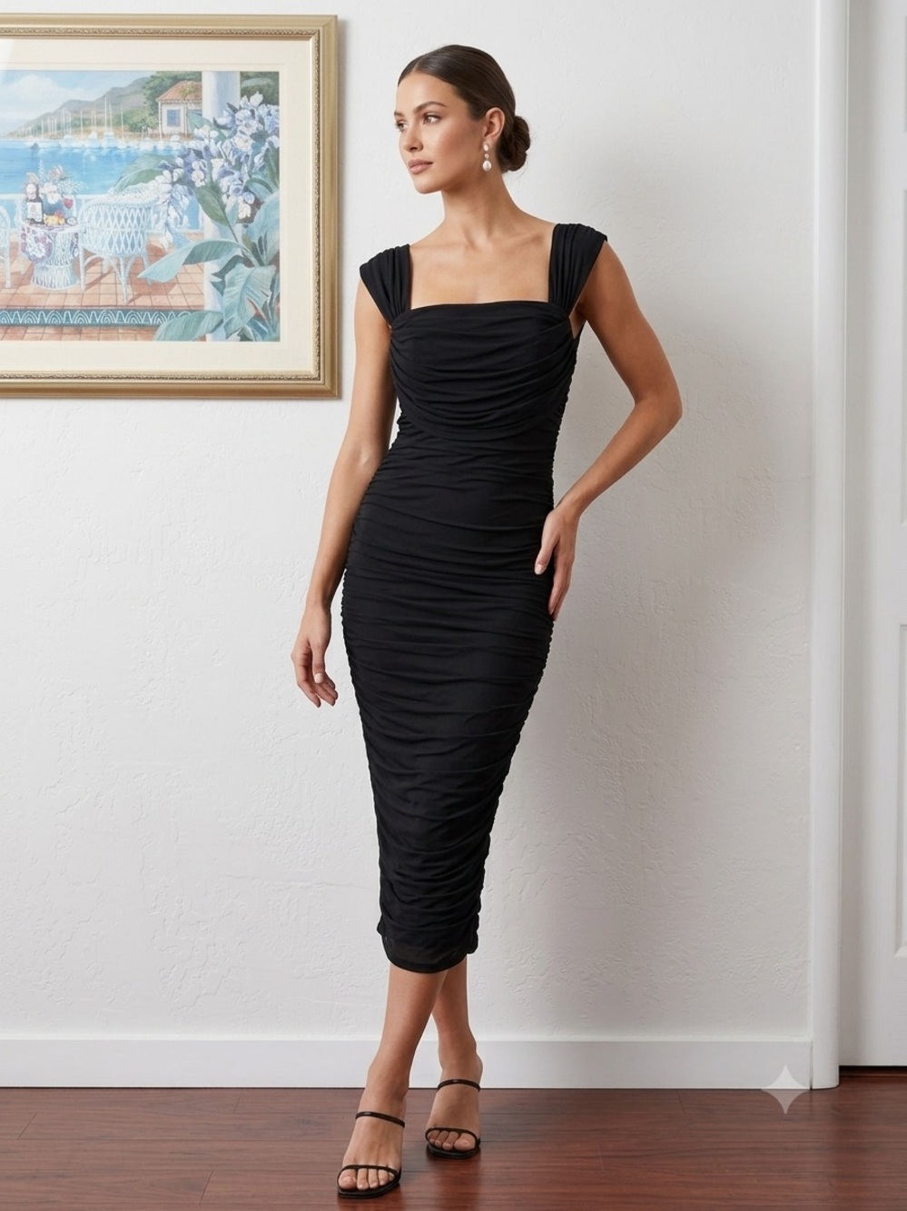 Ruched Square-Neck Midi Dress in Black